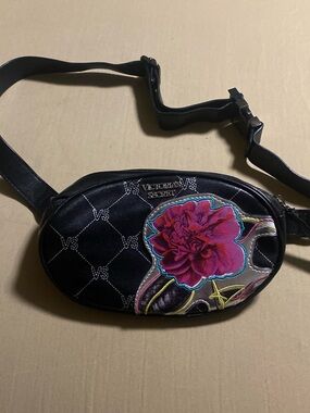 Victoria's Secret Leather Black Fanny Pack with Pink Floral Applique